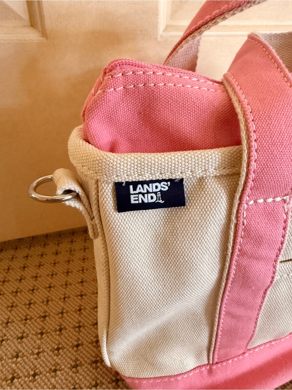 Lands' End Fresh Pink & Natural Small Canvas Tote Bag - Picture 2 of 11